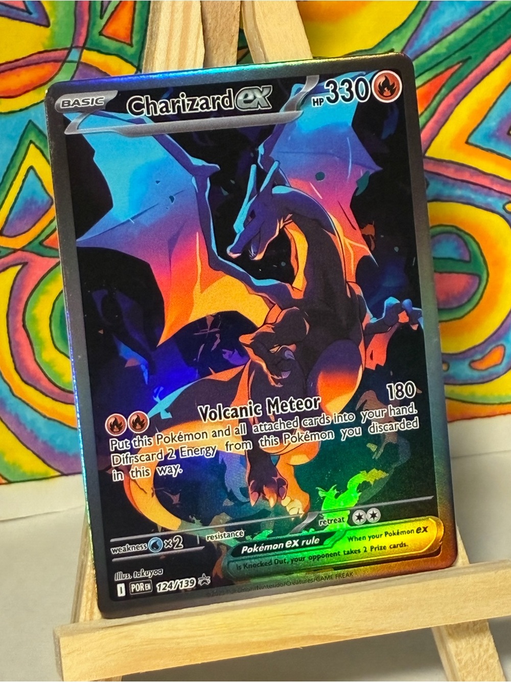 Charizard ex Pokemon Holo Rare Fan Art Card Neon Flames Style Blue/Orange